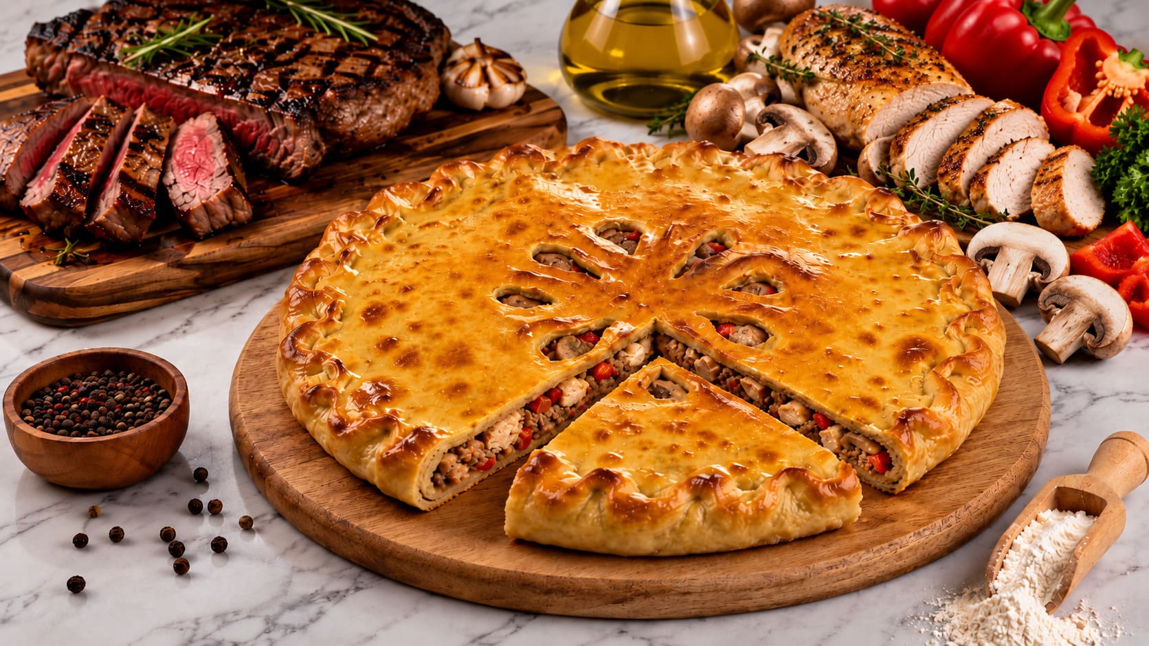 с говядиной, куриным филе, грибами и болгарским перцем