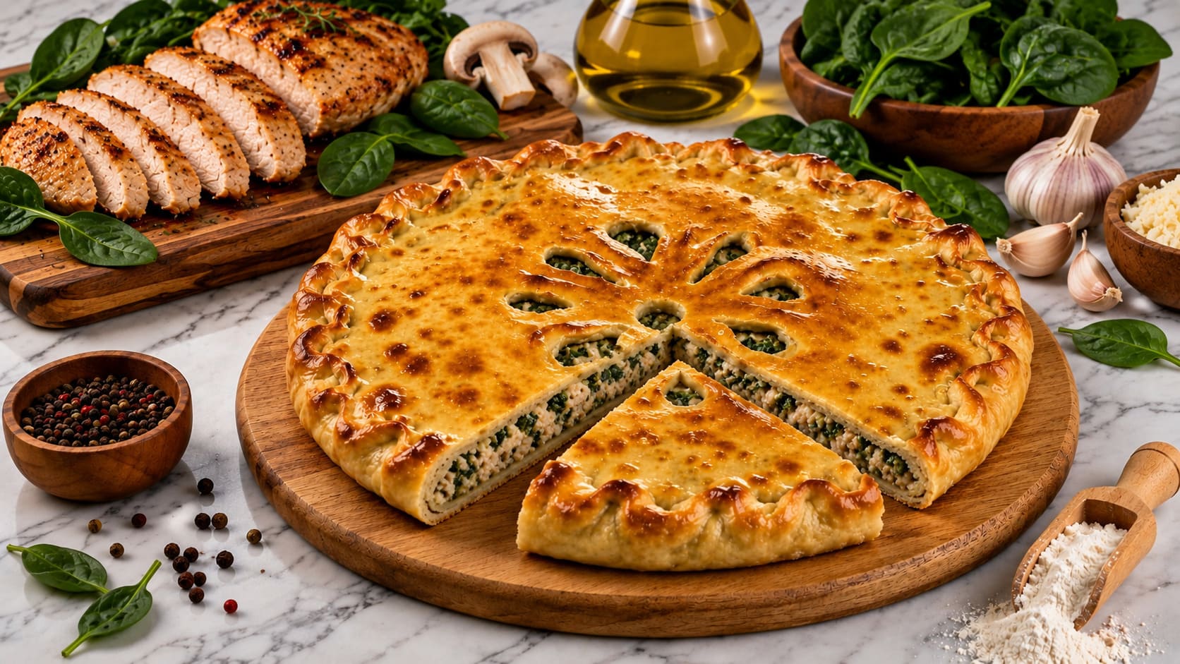 с курицей, шпинатом и сыром